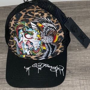 Ed Hardy Leopard Trucker Hat Embroidered Snake Eagle Black Mesh Snapback OS NWT